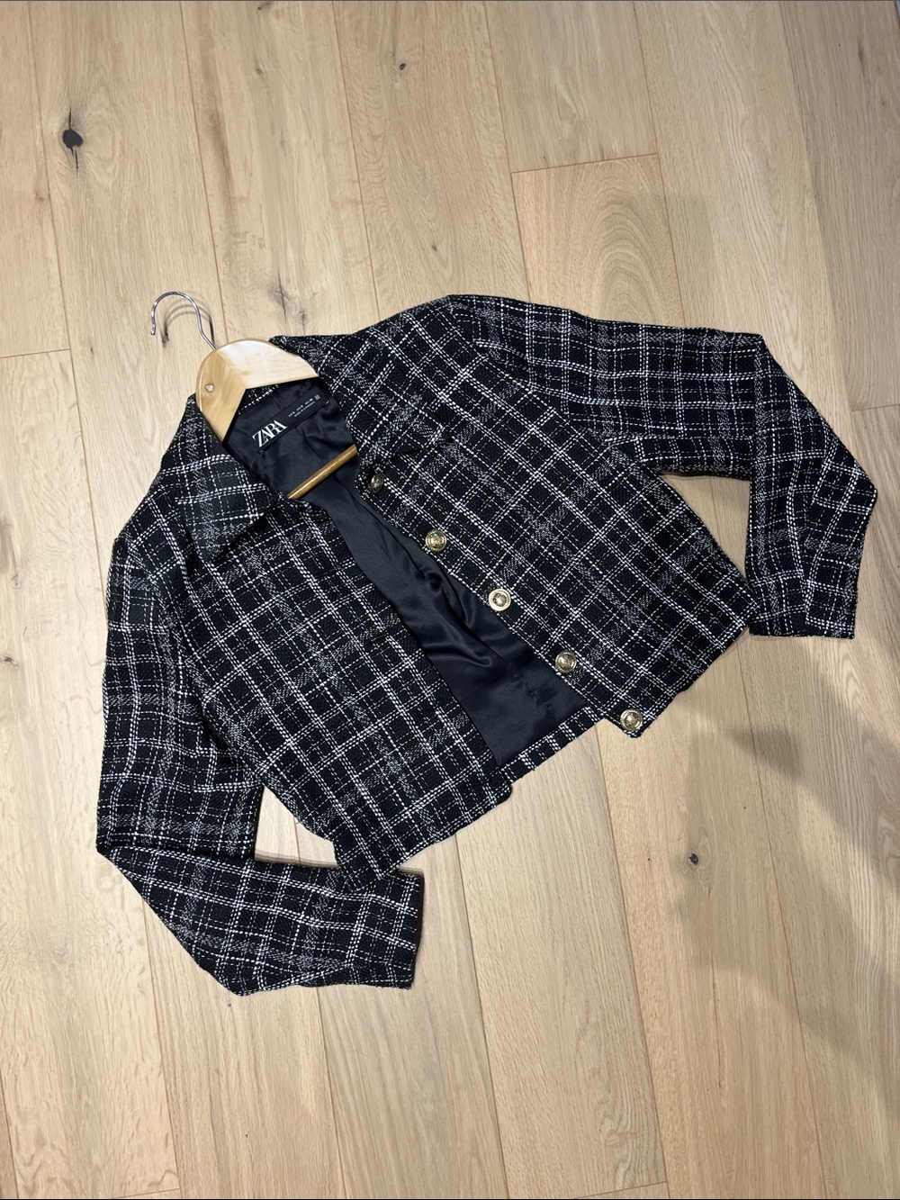 Zara Black & White Plaid Tweed Cropped Jacket